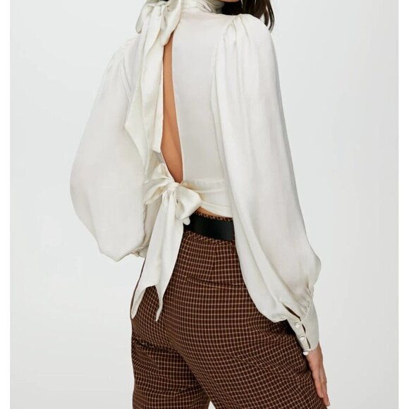 Wilfred Women's 2XS Ivory Avorio Leigh Blouse High Neck Shiny Backless Top $138 - Picture 5 of 10